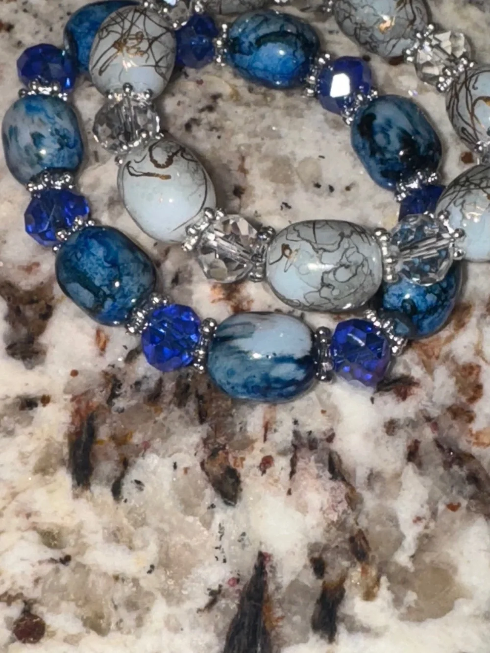 Boho Blue White Gold Veined Glass Beaded Stackable Stretch Bracelets